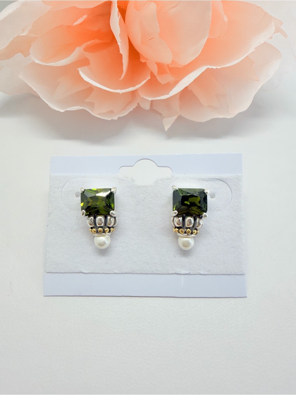 Sterling silver 925 Green Crystal and Pearl Drop Stud Earrings